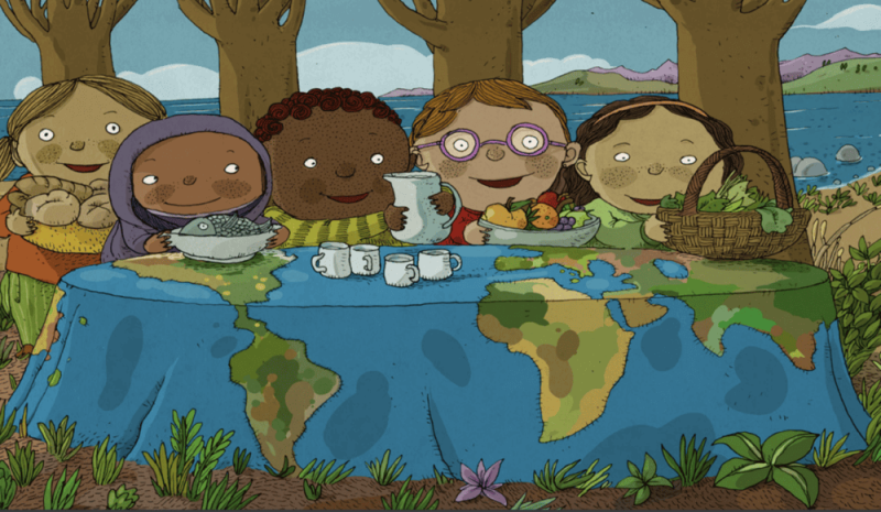 illustration of FAO's activity book right to foods with 4 children sitting at a table with a world map tablecloth